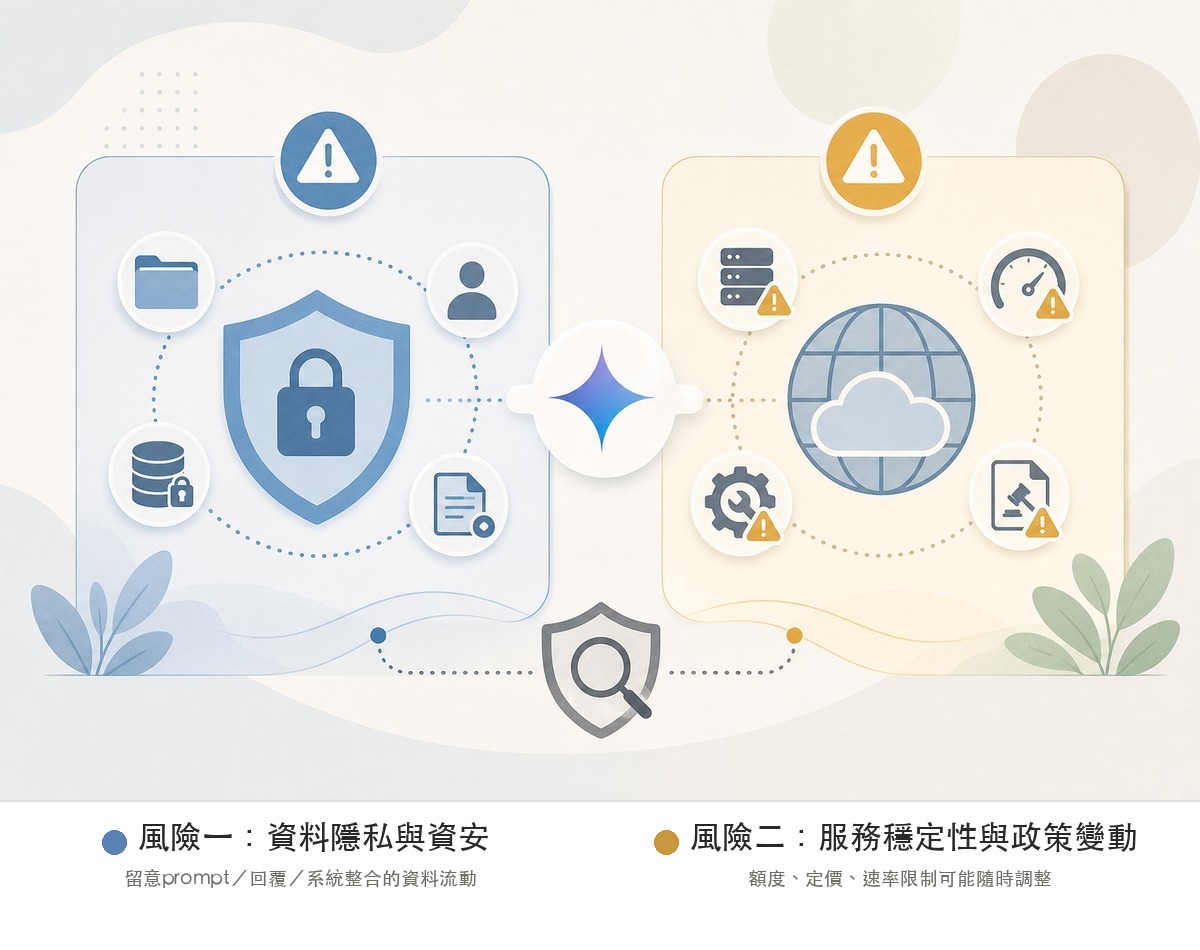 企業導入Gemini API兩大風險示意圖：風險一資料隱私與資安、風險二服務穩定性與政策變動