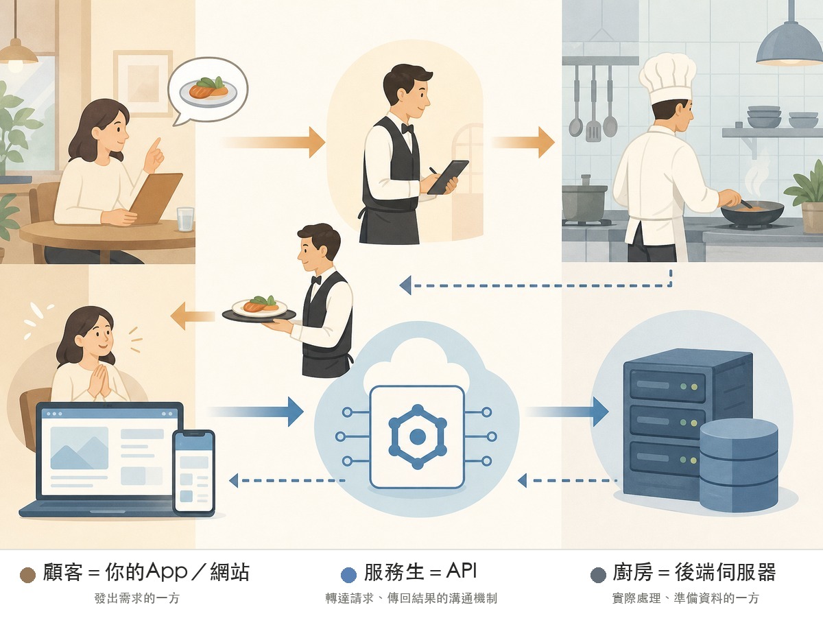 API類比示意圖：顧客＝App/網站，服務生＝API，廚房＝後端伺服器，兩條並列流程對應說明API如何轉達請求與回應
