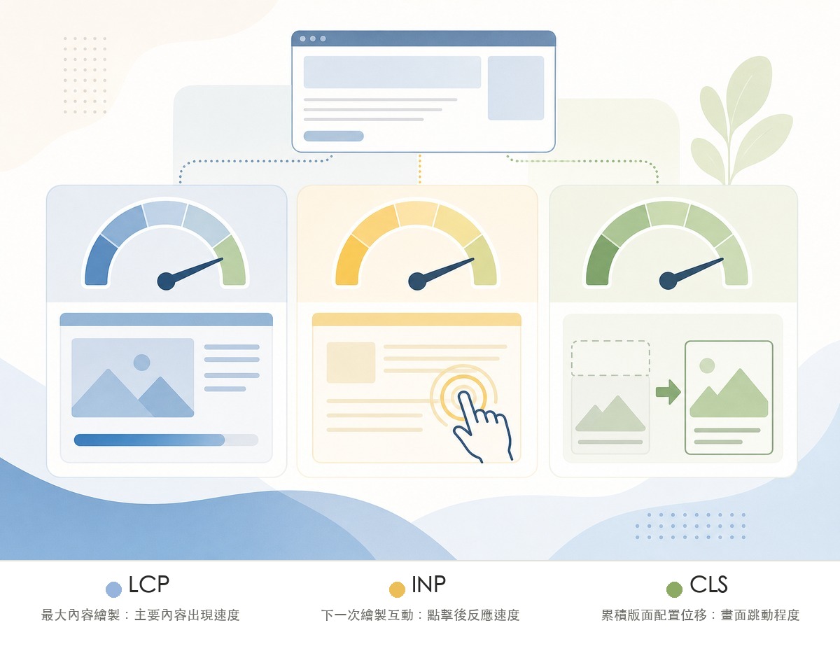 PageSpeed Insights報告中的Core Web Vitals三項指標LCP、INP、CLS示意