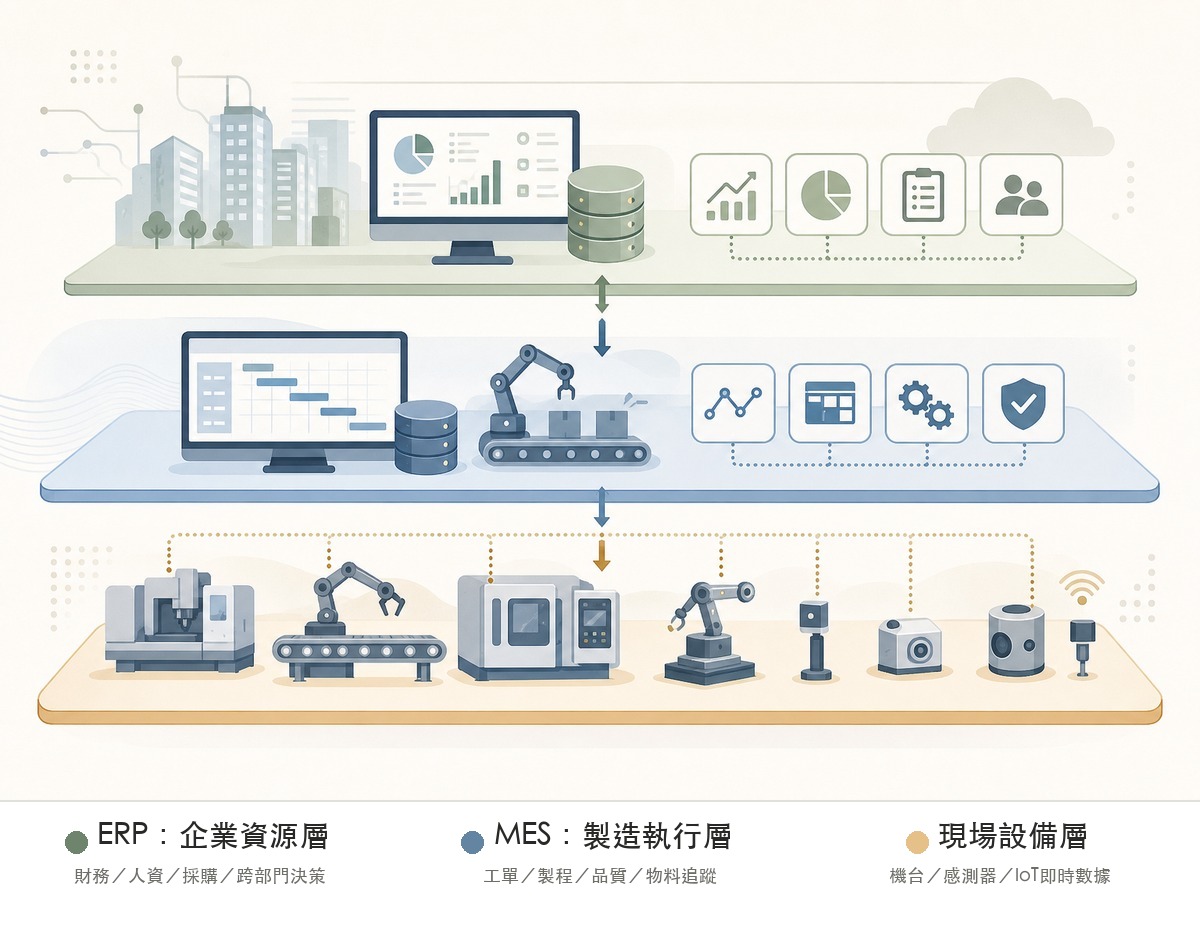 ERP、MES與現場設備三層製造資訊架構示意