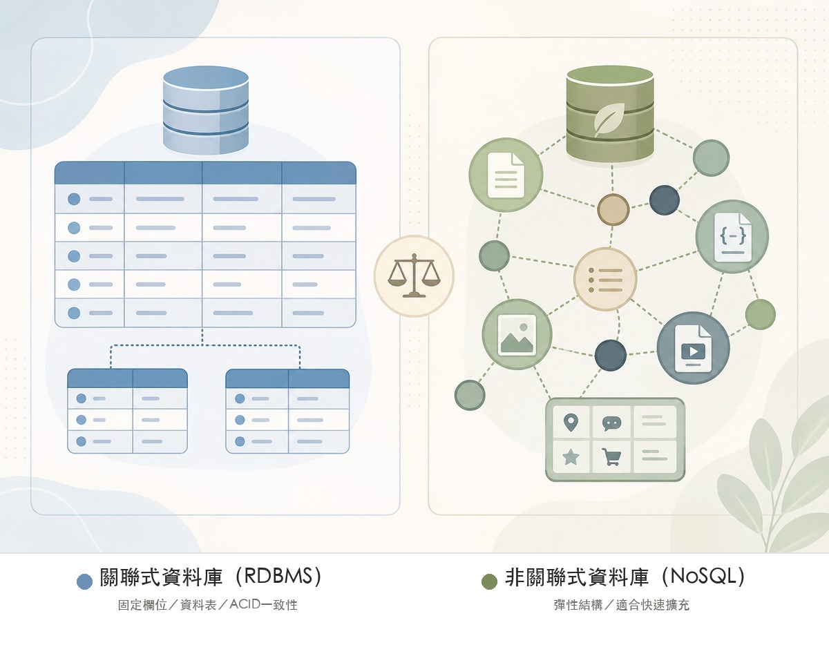 關聯式資料庫與非關聯式資料庫的結構差異示意