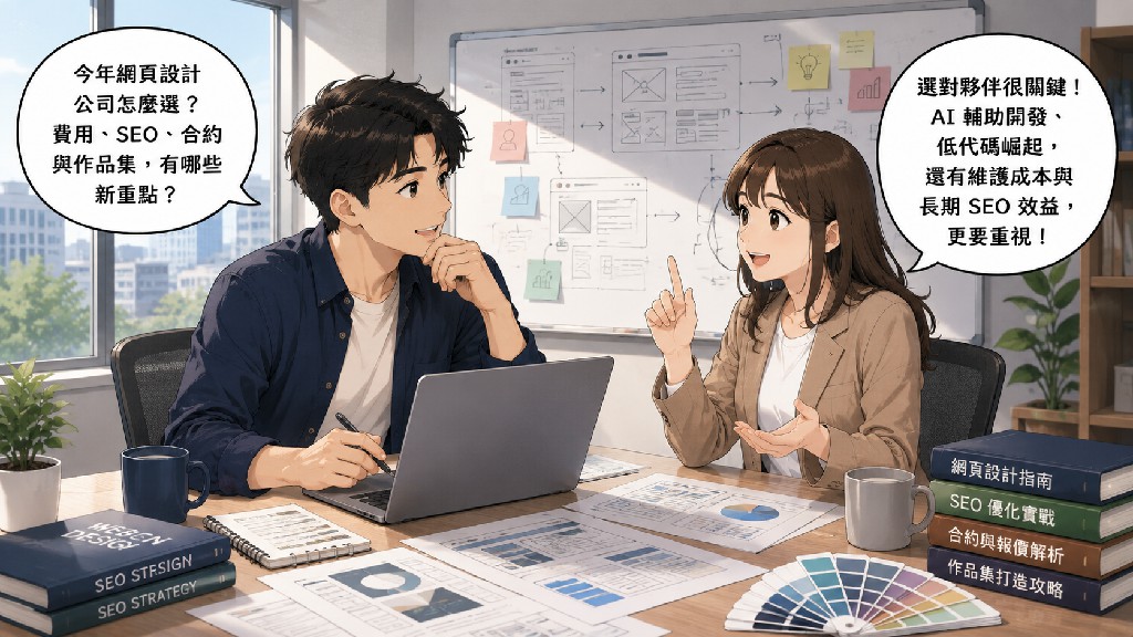 兩位專業人士討論挑選網頁設計公司的重點，包含費用、SEO、合約與作品集等關鍵因素