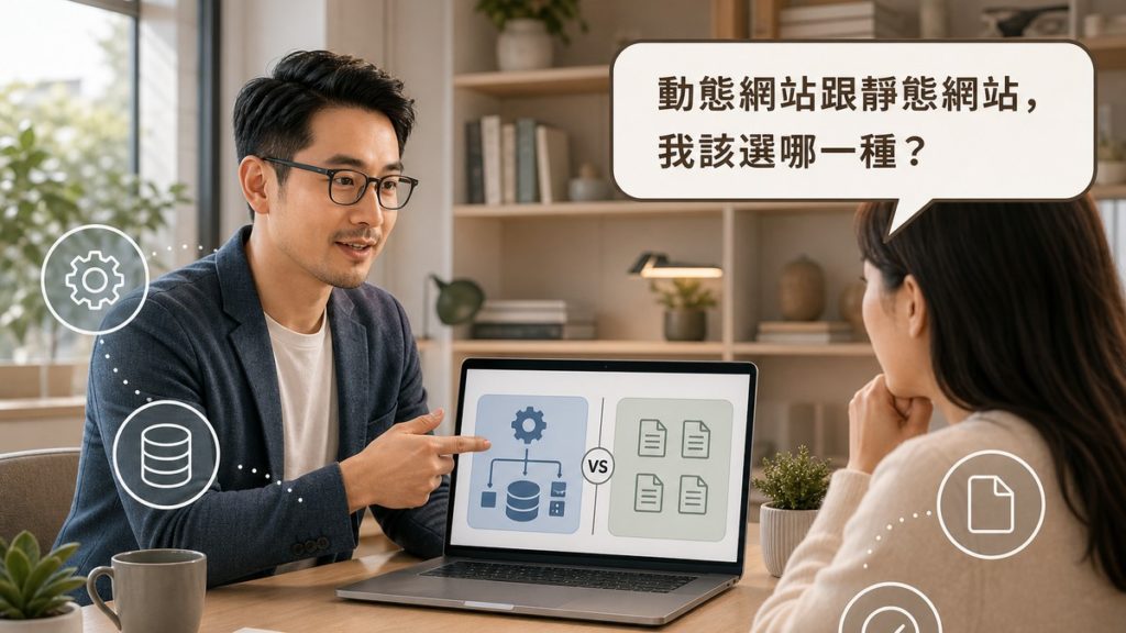 工程師指著筆電螢幕上齒輪資料庫圖示與文件圖示的對比畫面向客戶說明網站架構，畫面上方有讀者提問氣泡寫著動態網站跟靜態網站我該選哪一種，四周有齒輪、資料庫、文件、勾選四個白色描邊小圖示