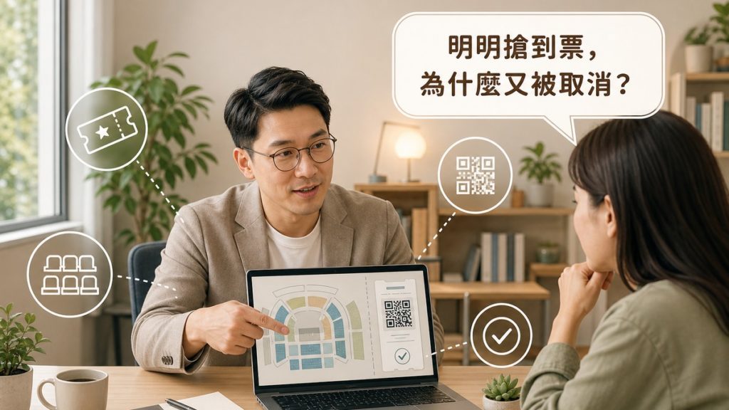 男子在辦公室指著筆電螢幕上的座位圖與QR Code票券，向對面的女子解說；女子雙手托腮露出疑惑表情，上方對話框寫著「明明搶到票，為什麼又被取消？」