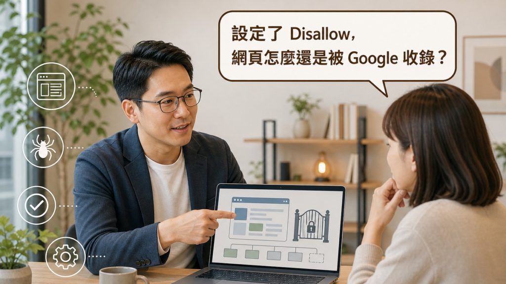 工程師指著筆電螢幕上的網站頁面結構圖向客戶說明爬蟲存取控制設定，畫面上方有讀者提問氣泡寫著設定了Disallow網頁怎麼還是被Google收錄，左側直排網頁、蜘蛛、勾選、齒輪四個白色描邊小圖示