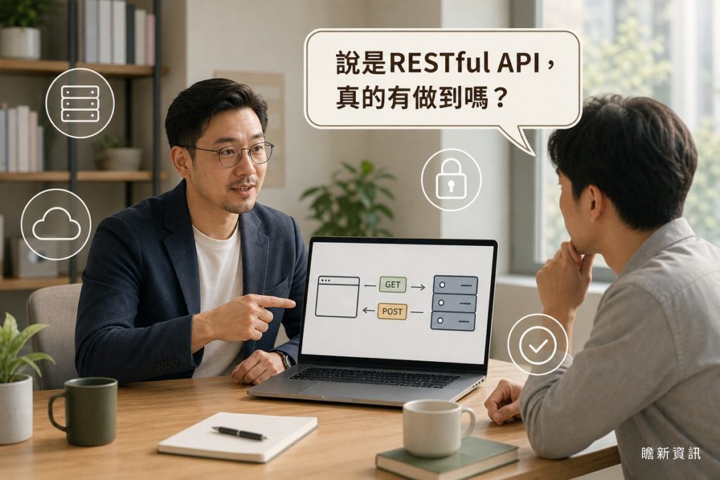 男子在辦公室指著筆電螢幕上的GET與POST請求流程圖，向對面的男子解說；聽者手托下巴若有所思，上方對話框寫著「說是RESTful API，真的有做到嗎？」