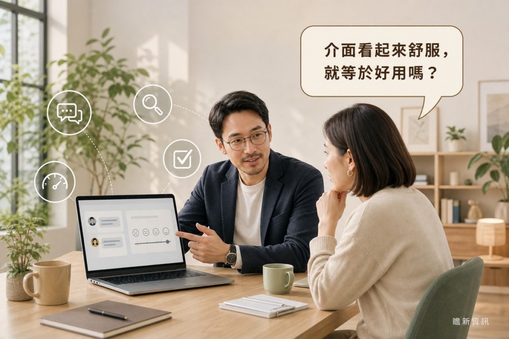 男子在辦公室指著筆電螢幕上的對話紀錄與情緒量表評分，向對面的女子解說；女子手托下巴專注聆聽，上方對話框寫著「介面看起來舒服，就等於好用嗎？」