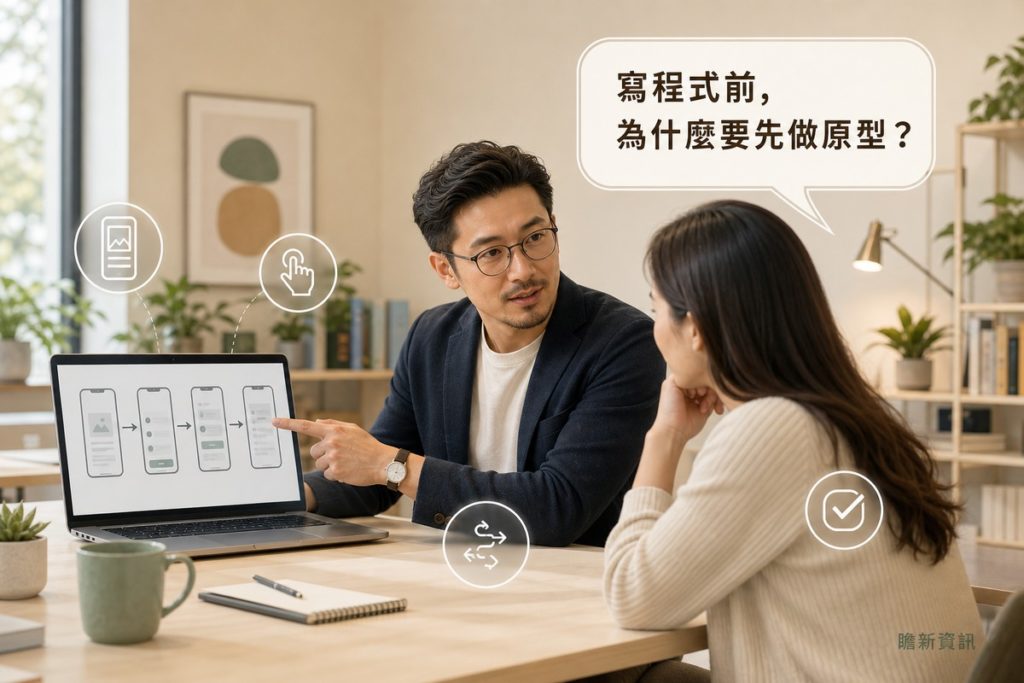 男子在辦公室指著筆電螢幕上串連的手機畫面原型示意圖，向對面的女子解說；女子手托下巴專注聆聽，上方對話框寫著「寫程式前，為什麼要先做原型？」