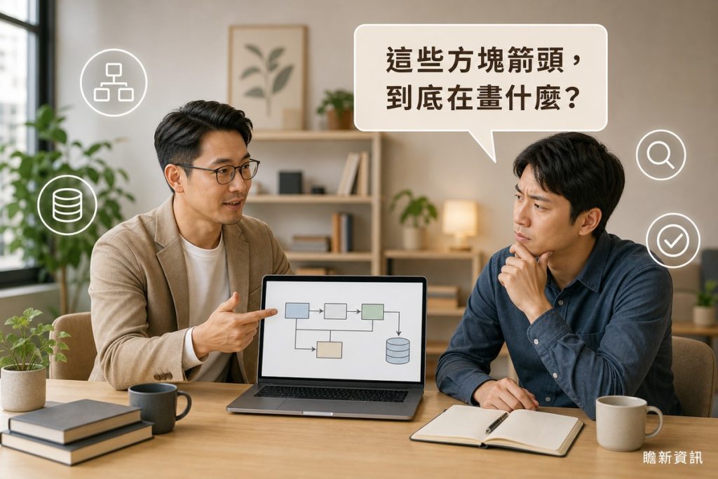 男子在辦公室指著筆電螢幕上的系統架構圖方塊與箭頭，向對面的男子解說；聽者手托下巴露出困惑但認真思考的表情，上方對話框寫著「這些方塊箭頭，到底在畫什麼？」