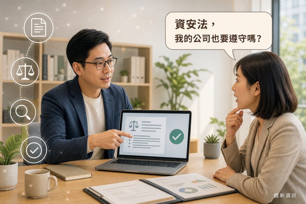 男子在辦公室指著筆電螢幕上的法規條文文件與綠色勾勾圖示，向對面的女子解說；女子手托下巴露出意外但恍然大悟的表情，上方對話框寫著「資安法，我的公司也要遵守嗎？」