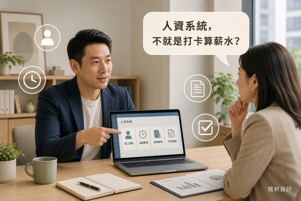 男子在辦公室指著筆電螢幕上的人資系統模組圖示（員工資料、出勤管理、薪資管理、文件管理），向對面的女子解說；女子手托下巴專注聆聽，上方對話框寫著「人資系統，不就是打卡算薪水？」