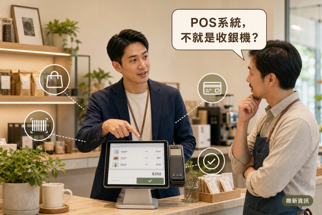 男子站在咖啡店櫃檯旁指著平板式POS結帳畫面，向對面的店家老闆解說；老闆手托下巴專注聆聽，上方對話框寫著「POS系統，不就是收銀機？」