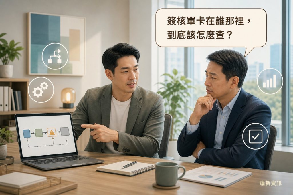 男子在辦公室指著筆電螢幕上卡在警示節點的流程圖，向對面的主管解說；主管雙手交叉若有所思，上方對話框寫著「簽核單卡在誰那裡，到底該怎麼查？」