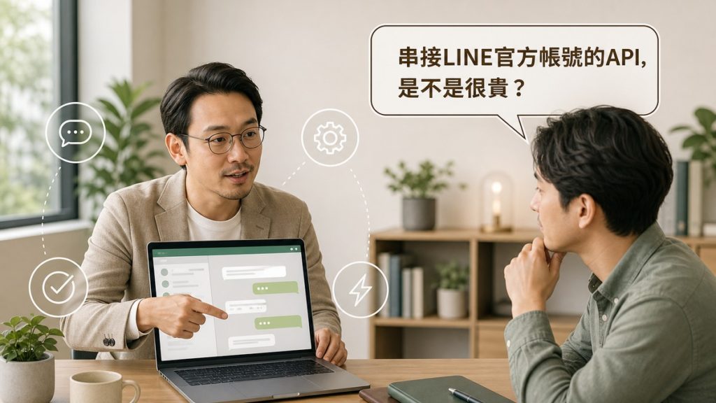 工程師指著筆電螢幕上的LINE對話框圖示向客戶說明API串接，畫面上方有讀者提問氣泡寫著串接LINE官方帳號的API是不是很貴，四周有訊息氣泡、齒輪、勾選、閃電四個白色描邊小圖示