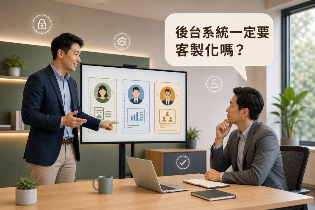 辦公室裡，男性顧問站在大螢幕旁指著畫面上三張色塊卡片，分別畫著內容編輯、業務、主管三種角色圖示，女性企業主坐在旁邊思考，上方對話框寫著後台系統一定要客製化嗎？