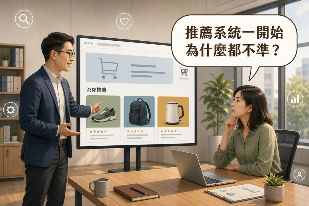 辦公室中，男性顧問站在大螢幕旁指著電商網站畫面上為你推薦的三個商品卡片，女性企業主坐在旁邊露出好奇又困惑的表情，上方對話框寫著推薦系統一開始為什麼都不準？