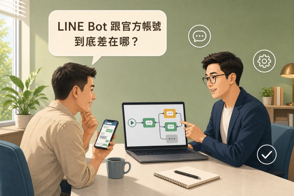 明亮顧問室裡兩人隔桌對談，左邊的中小企業主一手拿著顯示聊天畫面的手機，右邊戴眼鏡的顧問指著筆電上的自動回覆流程圖；畫面上方有一個對話框，尾端指向提問的企業主，寫著「LINE Bot 跟官方帳號到底差在哪？」
