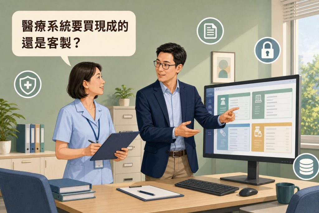 明亮的醫療行政辦公室裡，左邊一位穿淺藍制服、拿著板夾的院所行政人員，看向右邊穿深藍西裝外套的軟體顧問，顧問正指著一台顯示模組化系統面板的螢幕。畫面左上有一個對話框，尾端指向提問的行政人員，寫著「醫療系統要買現成的還是客製？」牆面有盾牌、文件、鎖頭、資料庫四個白色圓形小圖示。
