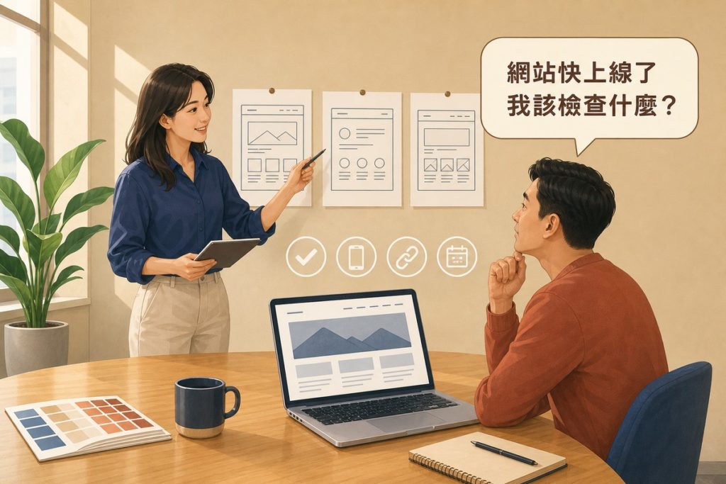 明亮的設計工作室裡，左邊一位女設計師站在牆邊，指著牆上釘著的三張灰白線框稿；右邊一位男性業主坐在木桌前托著下巴思考，桌上有筆電、色票本、馬克杯與筆記本。畫面右上有一個對話框，尾端指向提問的業主，寫著「網站快上線了我該檢查什麼？」中間有打勾、手機、鏈結、日曆四個白色圓形小圖示。