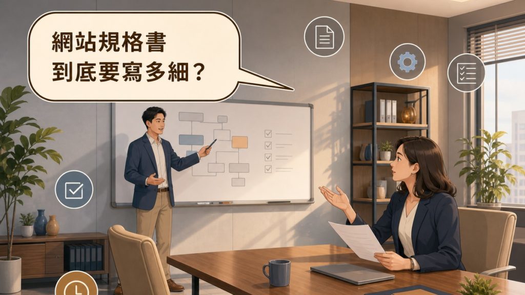 會議室場景插畫，右側一位女性主管坐在會議桌前手拿文件提問，左側一位男性顧問站在白板前講解，白板上畫著功能方塊圖與四個勾選項目，畫面左上方的對話氣泡寫著「網站規格書到底要寫多細？」