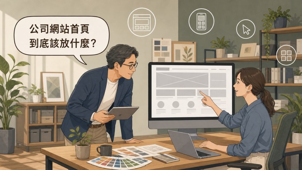 設計工作室場景插畫，右側一位女性設計師坐在桌前指著大螢幕上的網站首頁線框稿，左側一位男性企業主傾身觀看、手拿平板，桌上有色票與筆電，畫面左上方的對話氣泡寫著「公司網站首頁到底該放什麼？」