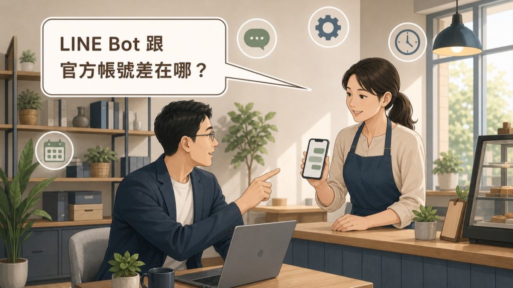 小型店舖場景插畫，右側一位繫圍裙的女性店主站在櫃檯後方手拿手機，螢幕上顯示聊天對話泡泡，左側一位男性顧問坐在筆電前側身向她說明並比向手機，畫面左上方的對話氣泡寫著「LINE Bot 跟官方帳號差在哪？」