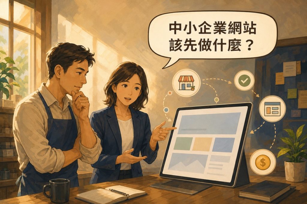 插畫風格的中小企業主與顧問在暖色調空間討論網站規劃，一人手指向平板上的簡易網站版面，上方對話氣泡寫著「中小企業網站該先做什麼？」，周圍散布店面、勾選、網站版面、金幣等圖示