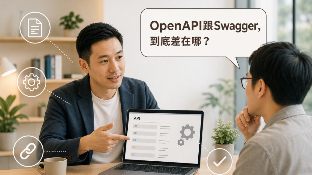工程師指著筆電螢幕上的API文件清單向客戶說明OpenAPI規範，畫面上方有讀者提問氣泡寫著OpenAPI跟Swagger到底差在哪，四周有文件、齒輪、連結、勾選四個白色描邊小圖示