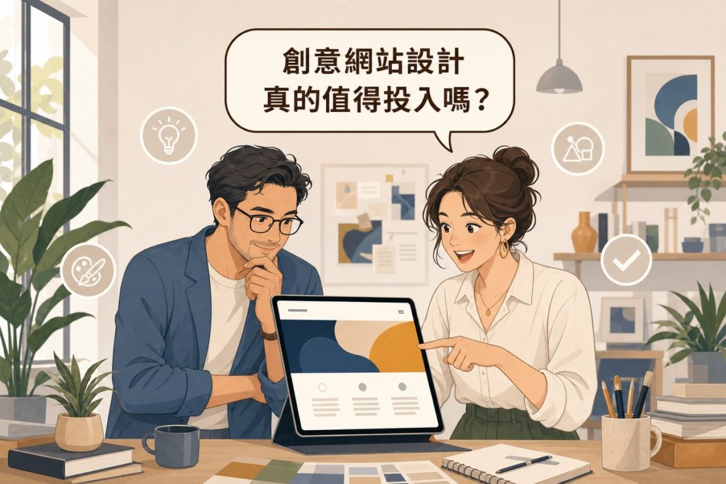 插畫風格的設計工作室業主與顧問在明亮工作室討論創意網站設計，一人手指向平板上帶抽象藝術色塊的網站版面，上方對話氣泡寫著「創意網站設計真的值得投入嗎？」，周圍散布燈泡、調色盤、幾何圖形、勾選等圖示