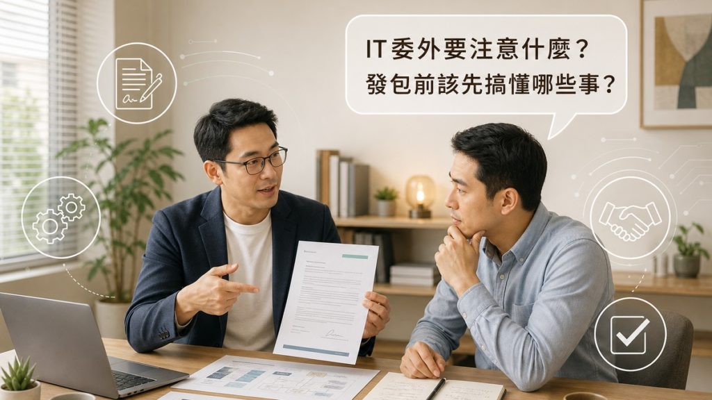顧問拿著合約文件向中小企業主說明委外注意事項，桌上有規格文件與筆電，畫面上方讀者提問氣泡寫著IT委外要注意什麼發包前該先搞懂哪些事，四周有合約、齒輪、握手、勾選四個白色描邊小圖示