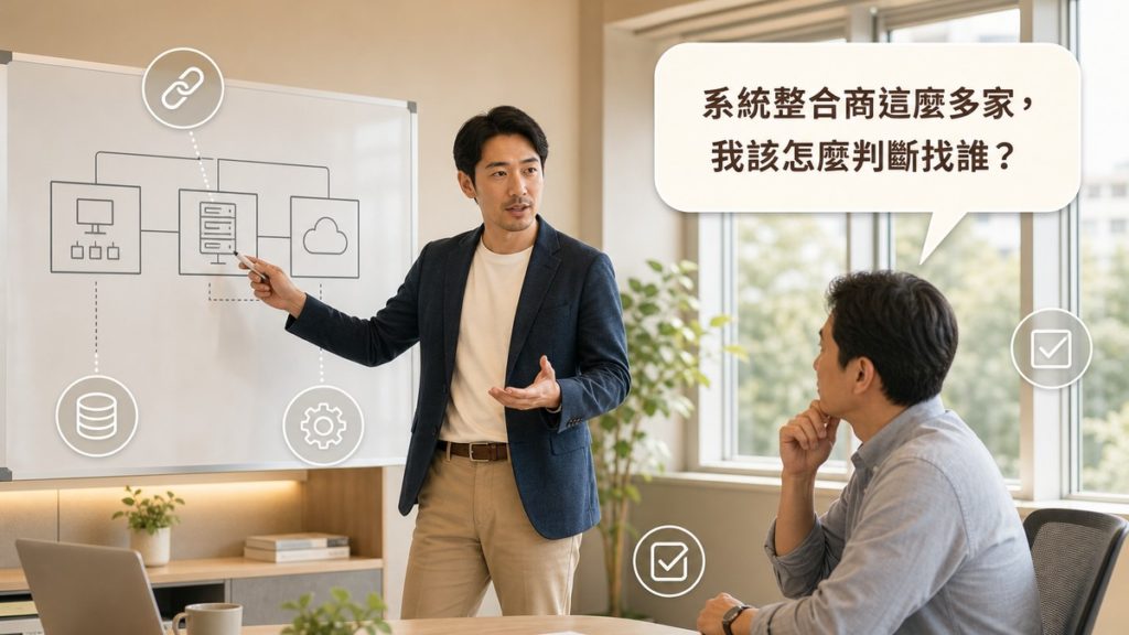 顧問站在白板前指著三個方框互相連接的系統架構圖向企業主說明，畫面上方讀者提問氣泡寫著系統整合商這麼多家我該怎麼判斷找誰，四周有連結、資料庫、齒輪、勾選四個白色描邊小圖示