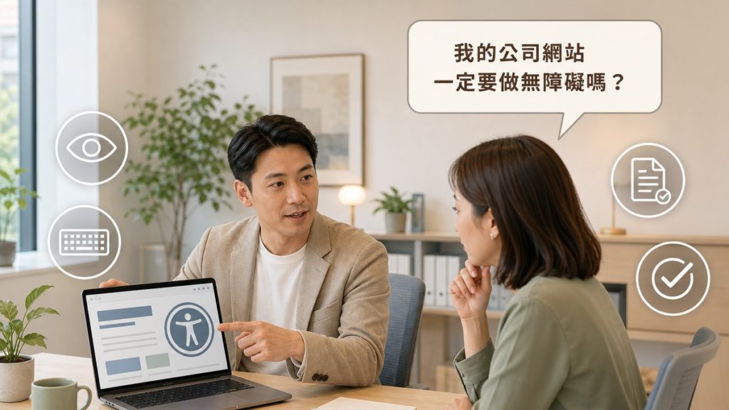 顧問指著筆電螢幕上顯示網頁版面與無障礙人形圖示向企業主說明，畫面上方讀者提問氣泡寫著我的公司網站一定要做無障礙嗎，四周有眼睛、鍵盤、規範文件、勾選四個白色描邊小圖示