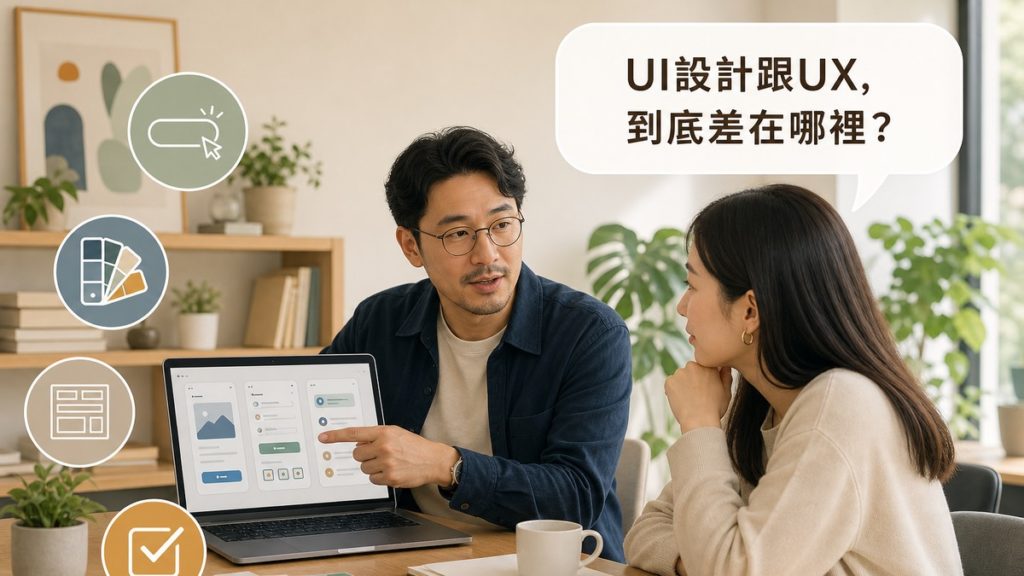 顧問指著筆電螢幕上的APP介面設計稿向客戶說明，畫面上方讀者提問氣泡寫著UI設計跟UX到底差在哪裡，四周有按鈕、色票、版面配置、勾選四個白色描邊小圖示