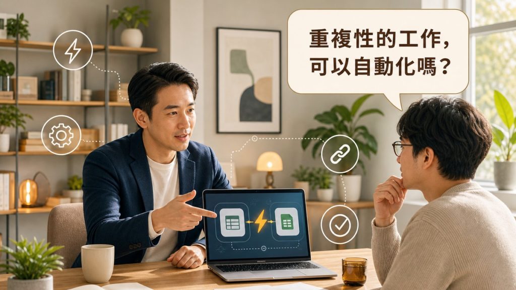 顧問指著筆電螢幕上兩個應用程式方框中間有閃電符號代表自動化串接向客戶說明，畫面上方讀者提問氣泡寫著重複性的工作可以自動化嗎，四周有閃電、齒輪、連結、勾選四個白色描邊小圖示