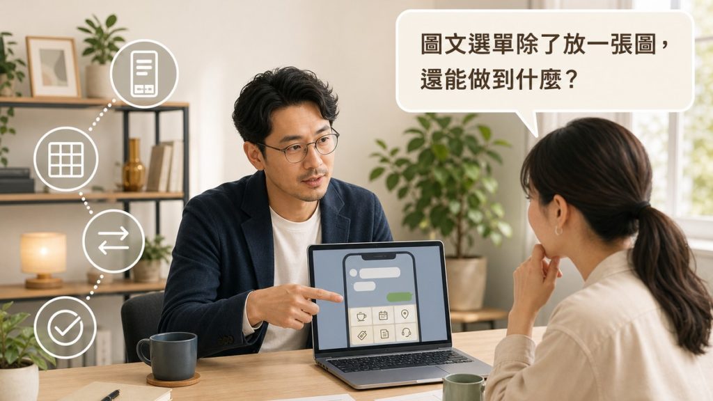 顧問指著筆電螢幕上手機聊天室畫面下方的圖文選單按鈕格子向客戶說明，畫面上方讀者提問氣泡寫著圖文選單除了放一張圖還能做到什麼，四周有手機選單、按鈕方格、切換箭頭、勾選四個白色描邊小圖示