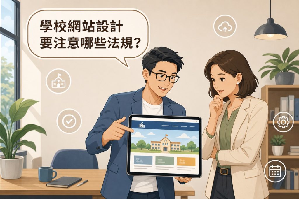 插畫風格的兩位專業人士在明亮辦公空間討論學校網站設計，一人手持平板顯示簡易校舍網站畫面，上方對話氣泡寫著「學校網站設計要注意哪些法規？」，周圍散布校舍、雲端、齒輪、勾選等白色描邊圖示