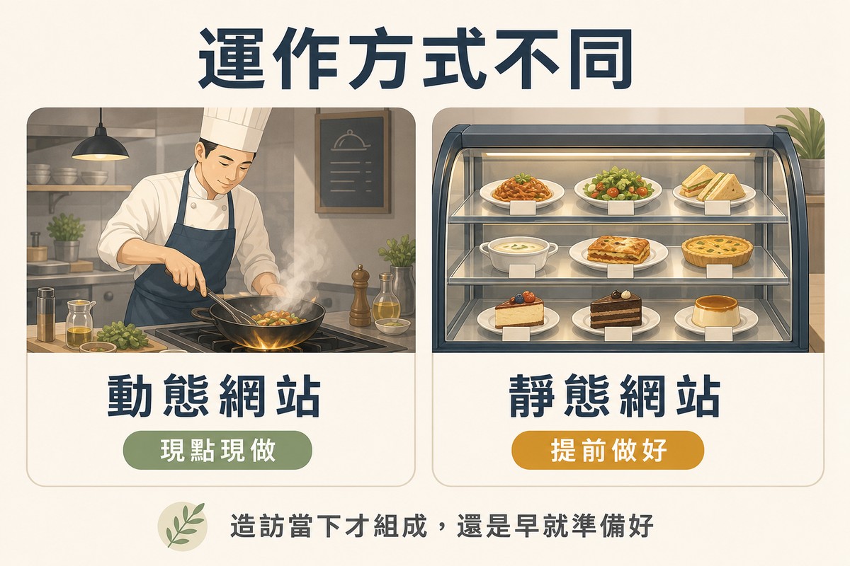 左側畫廚師現場料理代表動態網站現點現做,右側畫展示櫃裡已排好的餐點代表靜態網站提前做好