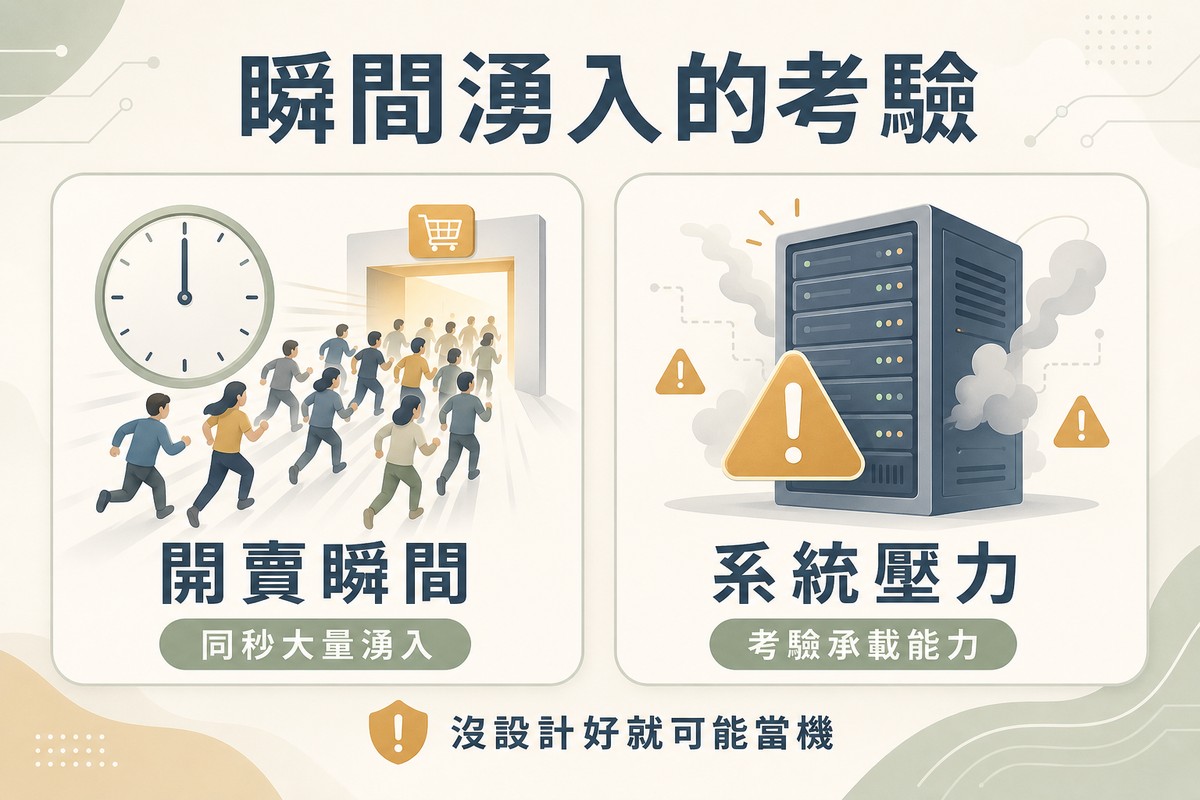 左側圖示時鐘指向整點、多個人形同秒衝向購票入口，標示開賣瞬間、同秒大量湧入；右側圖示伺服器主機冒出警示符號，標示系統壓力、考驗承載能力