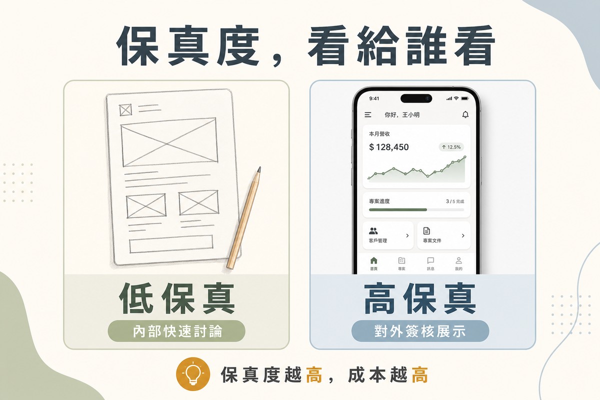 左側畫紙本草圖線框標示低保真；右側畫精緻手機介面截圖標示高保真