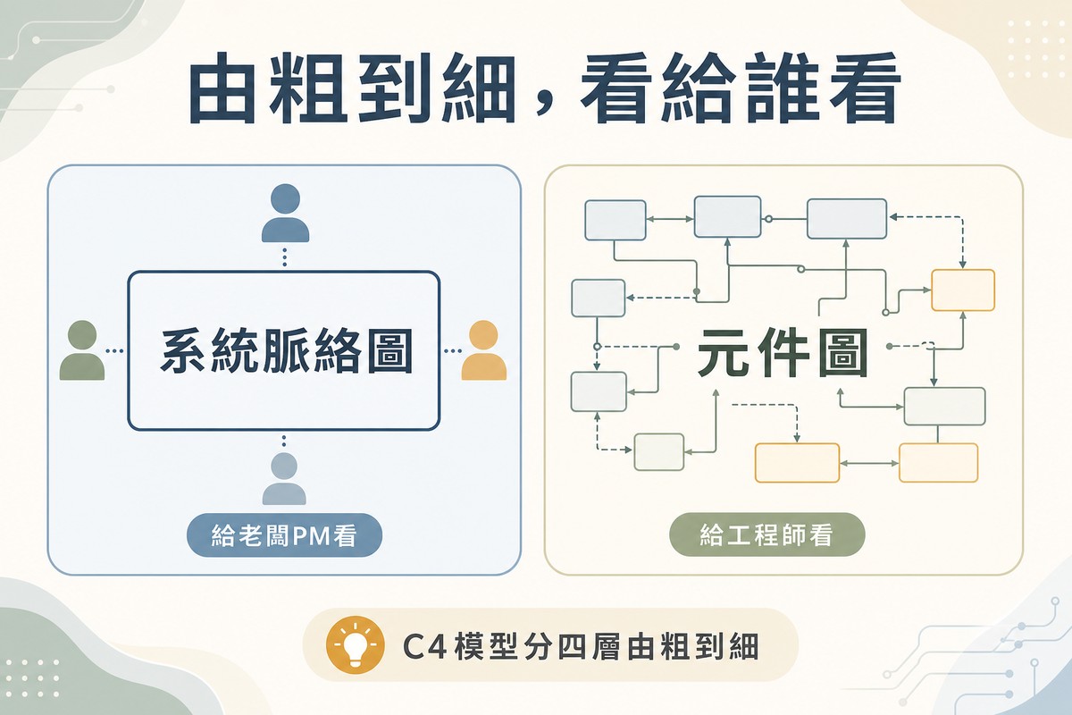 左側畫大方框搭配小人形圖示圍繞標示系統脈絡圖；右側畫多個細小方框搭配密集連接線標示元件圖
