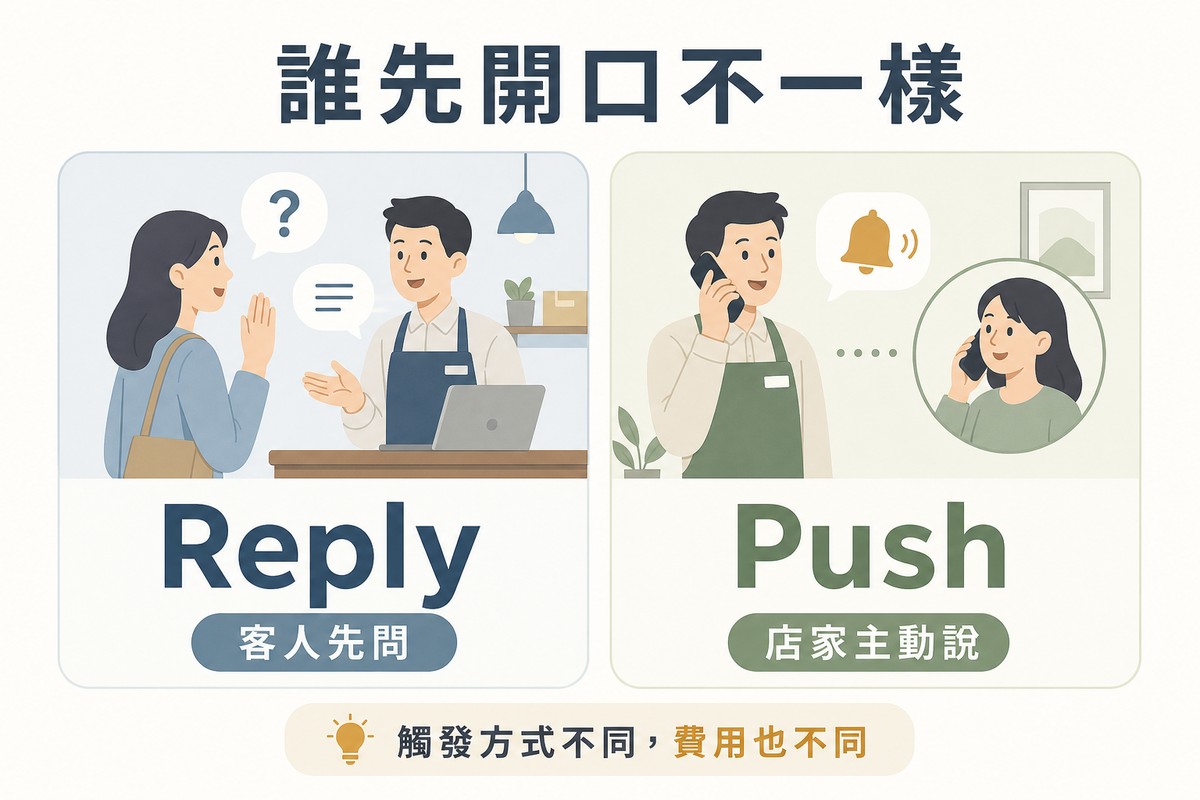 左側畫顧客舉手發問店員回應代表Reply客人先問，右側畫店員主動打電話通知客人代表Push店家主動說