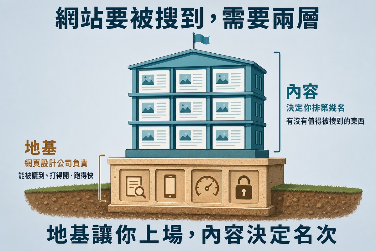 一棟建築的剖面示意圖。下方是嵌在土裡的厚實米色地基，裡面有四個圖示：放大鏡看文件、手機、速度錶、鎖頭，左側標著「地基／網頁設計公司負責／能被讀到、打得開、跑得快」。地基上方立著藍色建築，每一層由文件卡片堆疊而成，頂端插著一面旗子，右側標著「內容／決定你排第幾名／有沒有值得被搜到的東西」。上方標題寫「網站要被搜到，需要兩層」，下方結論寫「地基讓你上場，內容決定名次」。