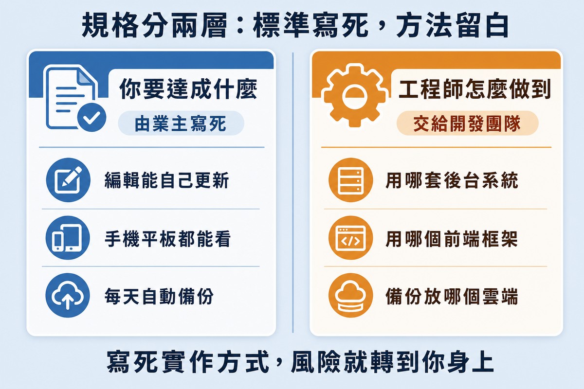左右對照的資訊圖。左欄藍色標題「你要達成什麼／由業主寫死」，列出編輯能自己更新、手機平板都能看、每天自動備份三項；右欄橘色標題「工程師怎麼做到／交給開發團隊」，列出用哪套後台系統、用哪個前端框架、備份放哪個雲端三項。底部結論寫「寫死實作方式，風險就轉到你身上」。