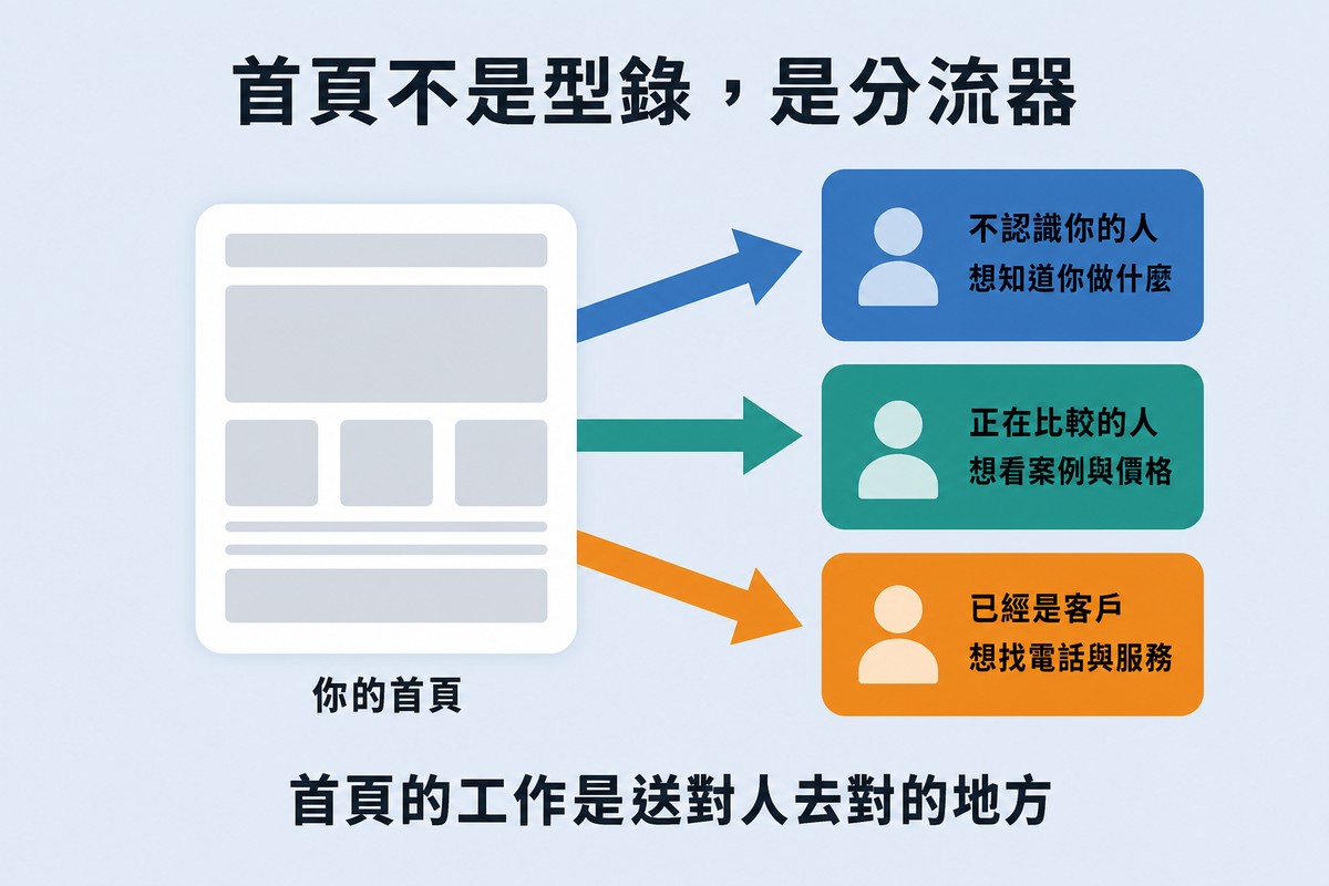 資訊圖。畫面左側一個代表首頁的方框，內有灰色網頁版面示意，下方標「你的首頁」；右側三張卡片以粗箭頭連接，分別是藍色「不認識你的人／想知道你做什麼」、綠色「正在比較的人／想看案例與價格」、橘色「已經是客戶／想找電話與服務」。底部寫「首頁的工作是送對人去對的地方」。