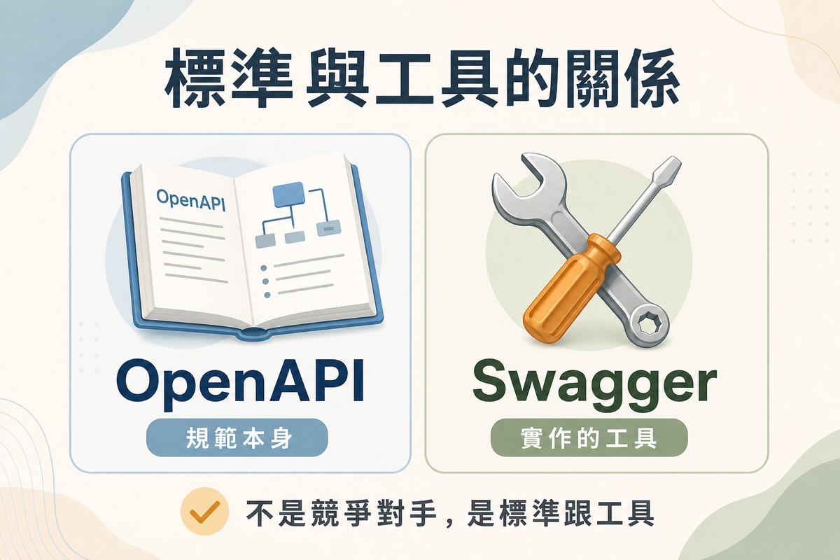 左側畫規格書圖示代表OpenAPI是規範本身，右側畫扳手與螺絲起子工具圖示代表Swagger是實作的工具