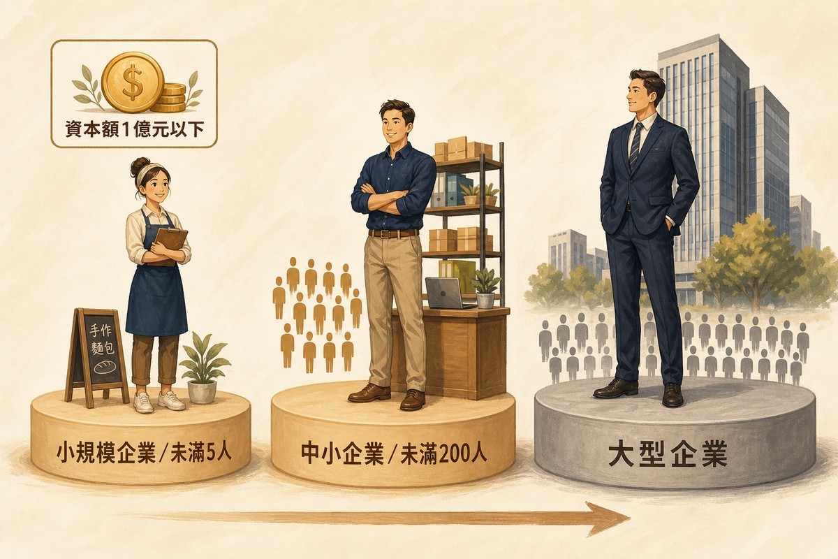 插畫風格的三個高低不同的平台，由左到右站著小規模企業手作店主、中小企業辦公室經營者、大型企業高樓主管，分別標示小規模企業未滿5人、中小企業未滿200人、大型企業，左上角另標資本額1億元以下
