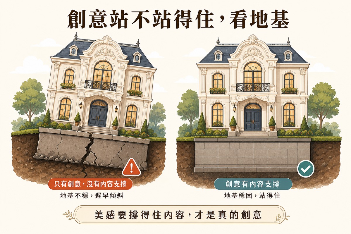 插畫風格的兩棟外觀同樣華麗的房子並排對照，左邊地基龜裂傾斜配警示圖示，右邊地基穩固平整配勾選圖示，比喻創意有沒有內容支撐