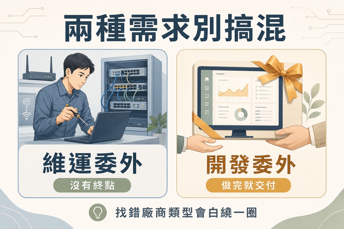 左側畫技師檢查電腦與網路設備代表維運委外沒有終點，右側畫繫著緞帶交付的系統成品代表開發委外做完就交付
