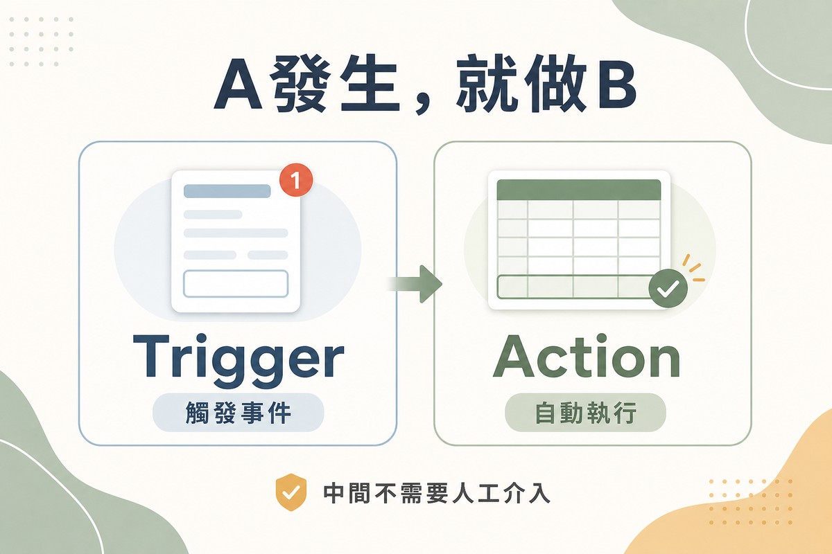 左側畫表單圖示上有新通知紅點代表Trigger觸發事件，右側畫試算表新增一列並打勾代表Action自動執行