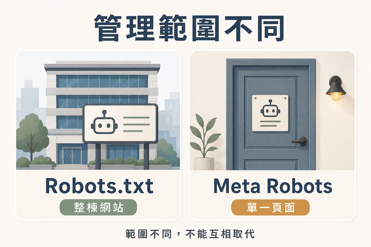 左側大樓貼機器人公告牌代表Robots.txt管整棟網站，右側門上貼機器人門牌代表Meta Robots只管單一頁面
